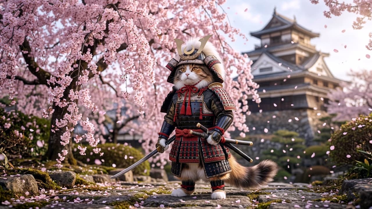 A highly detailed, hyper-realistic 16:9 wide-angle photograph of a fluffy calico (three-colored) cat wearing intricately detailed traditional Japanese samurai armor and a kabuto helmet with prominent decorative elements and tassels, standing majestically in the center on a mossy stone path covered in fallen petals under a massive blooming sakura (cherry blossom) tree with flying petals. Its twin katana swords are sheathed at its hip, and its prominent fluffy tail is visible. In the background, a traditional Japanese castle with cherry blossoms is slightly more distinct than in previous images. The cinematic lighting highlights the complex textures of the armor and fur, creating a sense of grandeur for use inside a blog post.