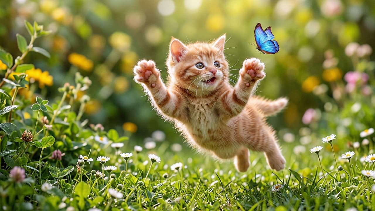 A candid, extremely detailed macro-style photograph of a tiny, fluffy ginger tabby kitten captured mid-air during a leap. The kitten has its front paws fully outstretched with pink paw pads showing, attempting to catch a vibrant blue morpho butterfly fluttering just out of reach above its nose. The kitten has wide, joyful eyes and a slightly open mouth. The setting is a very low-angle view of a lush spring meadow with green grass, small white daisies, and warm, soft sunlight creating a beautiful bokeh effect.