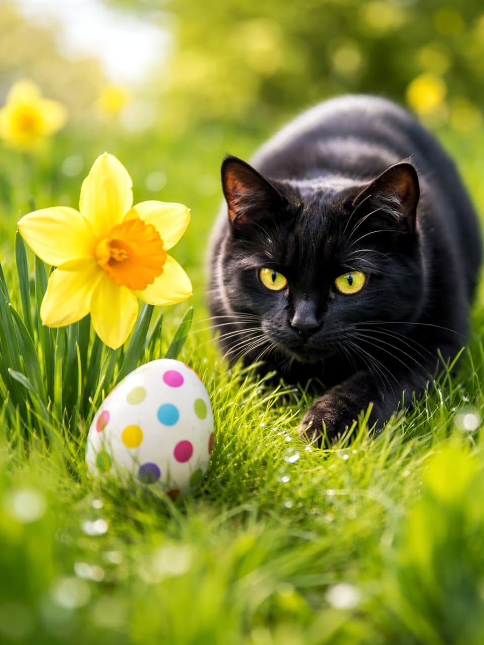 A sleek black cat crouches low in lush green spring grass, intensely stalking a colorful polka-dot Easter egg beside a blooming yellow daffodil, captured in warm sunlight with a shallow depth of field.