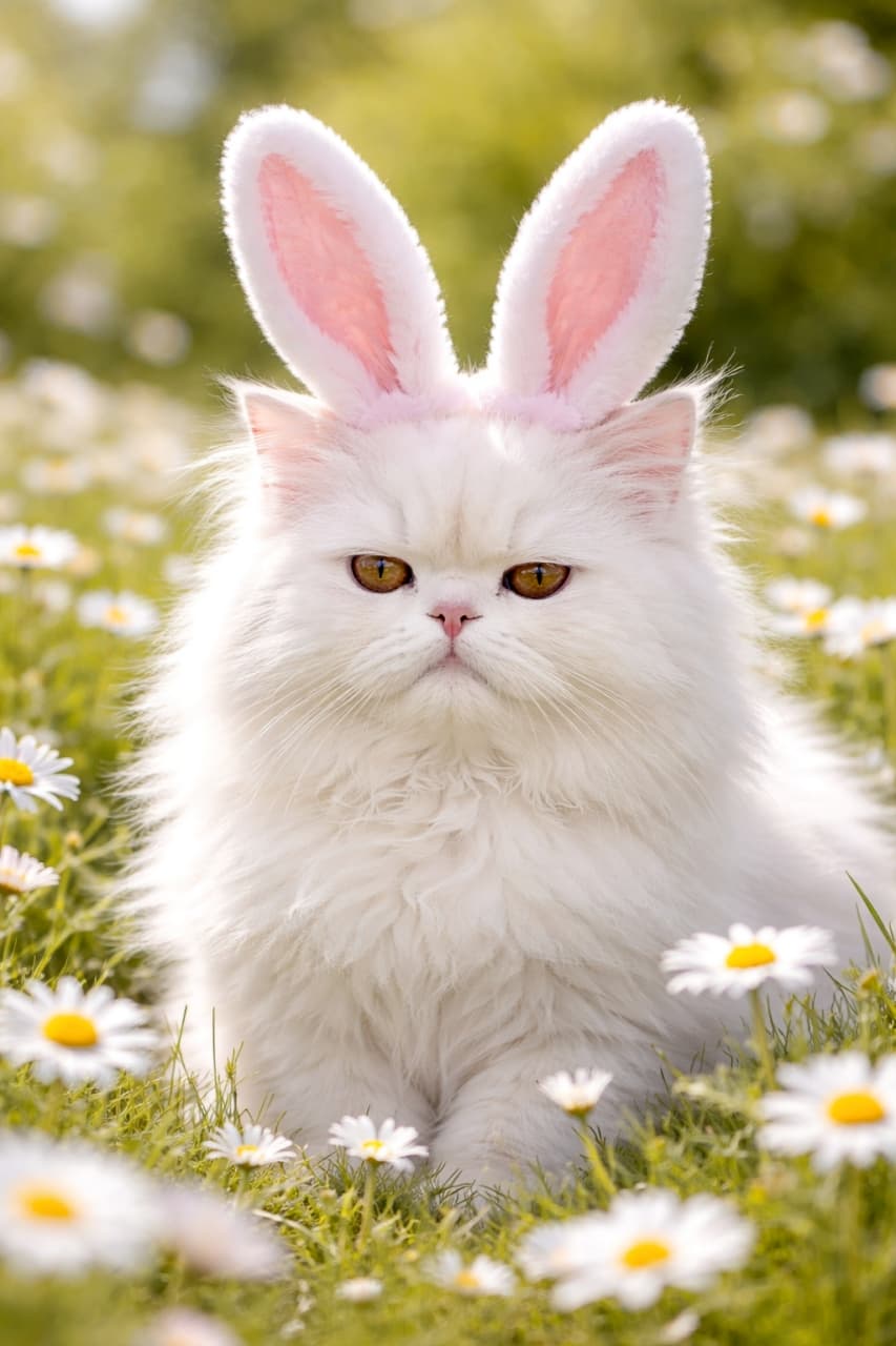 A fluffy white Persian cat wearing soft pink bunny ears sits in a sunlit field of blooming daisies, looking slightly unamused yet irresistibly adorable in bright natural light.
