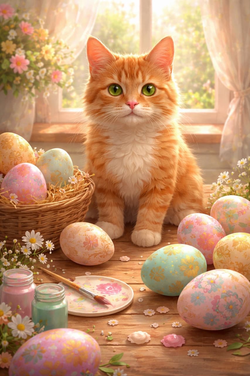 A whimsical illustration of a curious ginger tabby cat sitting on a wooden table, surrounded by beautifully hand-painted Easter eggs in pastel colors with gold and floral patterns, with a small dab of pink paint on its nose, illuminated by soft warm window light in a cozy spring atmosphere.