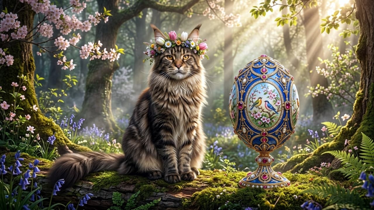 A highly detailed, photorealistic 16:9 cinematic photograph capturing a majestic, fluffy Maine Coon cat with tabby fur, wearing a delicate spring flower crown of tulips and daisies, sitting proudly on a moss-covered log. Next to it stands a giant, elaborately decorated Fabergé-style Easter egg. The egg is primarily blue with gold, gems, and a detailed miniature painting of two small birds (blue tits) amidst blossoming pink flowers. The magical spring forest background is bathed in warm sunbeams filtering through the canopy, illuminating wildflowers (bluebells, cherry blossoms, ferns). Low-angle perspective to emphasize the grand scale of the egg and the cat's presence. There is a small watermark logo in the bottom right corner.
