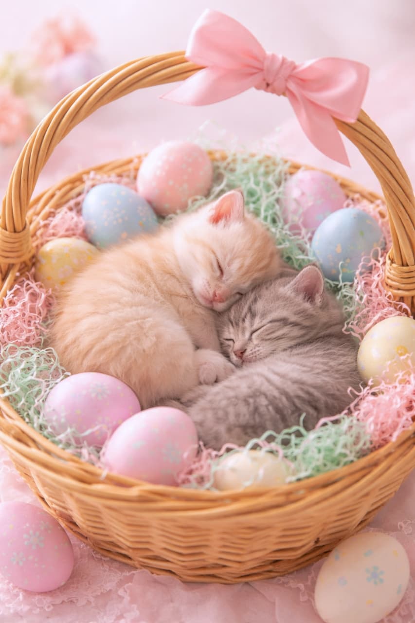 Two tiny sleeping kittens curled up together inside a woven wicker Easter basket, surrounded by pastel-colored decorated eggs and soft pink and green paper grass, softly lit in a dreamy pastel studio setting.