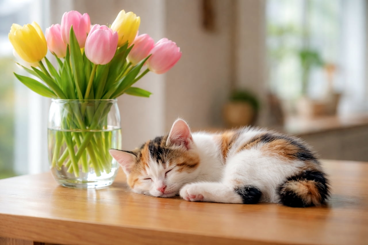 Ultra-realistic high-quality photograph of a calico cat sleeping peacefully curled up among vibrant pink and red tulips, conveying a warm spring atmosphere.