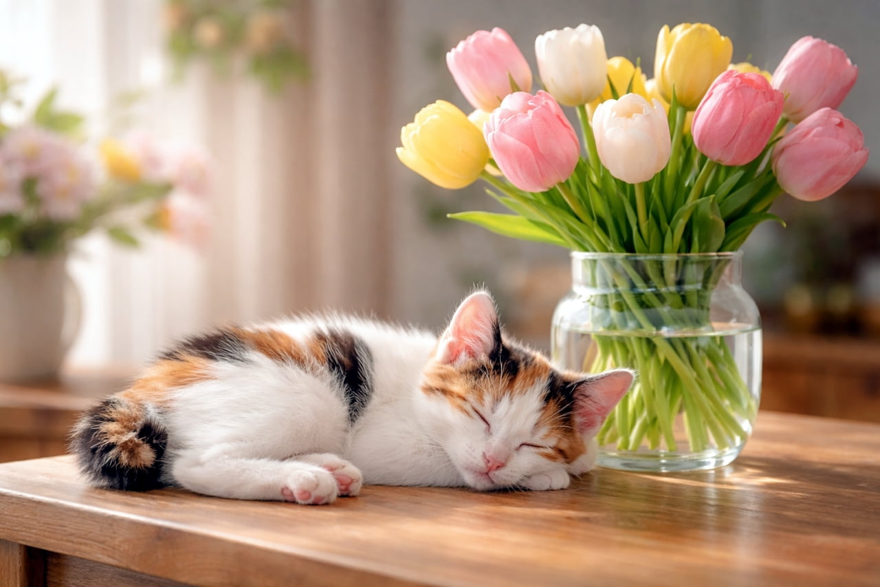 Ultra-realistic high-quality photograph of a calico kitten sleeping on a wooden table next to a glass vase filled with pink and yellow tulips.