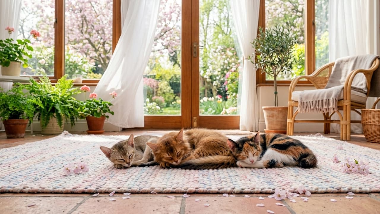 Three diverse kittens—a Singapura, a fluffy Somali, and a calico Japanese Bobtail—napping peacefully together on a plush rug in a sunlit sunroom with scattered cherry blossom petals.