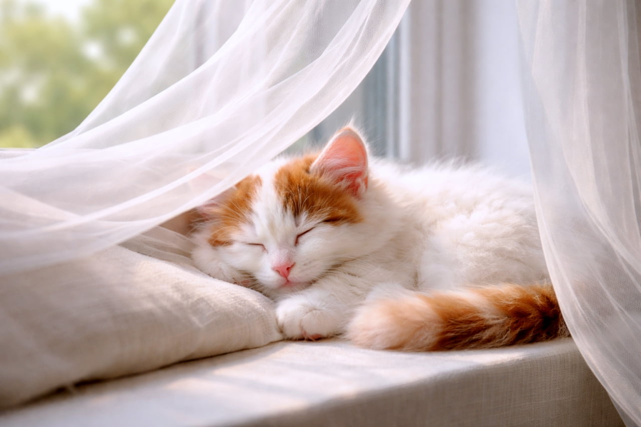 Ultra-realistic high-quality photograph of a red and white Turkish Van kitten sleeping on a cushion by a window, draped in sheer white curtains with soft natural light streaming in.