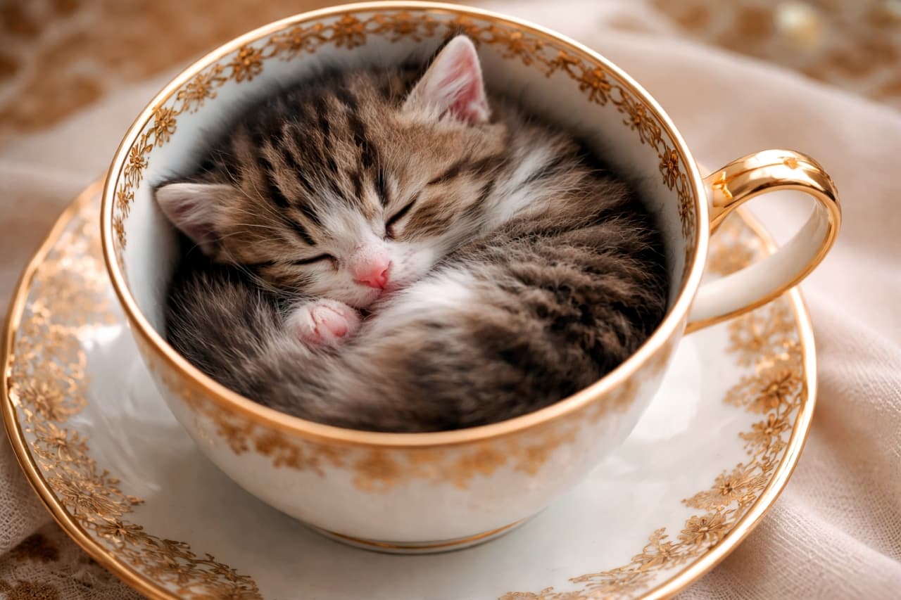 A tiny Munchkin mix kitten curled up and sleeping inside an elegant white teacup with gold accents.