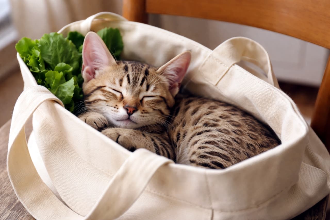 A spotted Ocicat kitten sleeping cozily inside a white canvas tote bag alongside some fresh green lettuce.