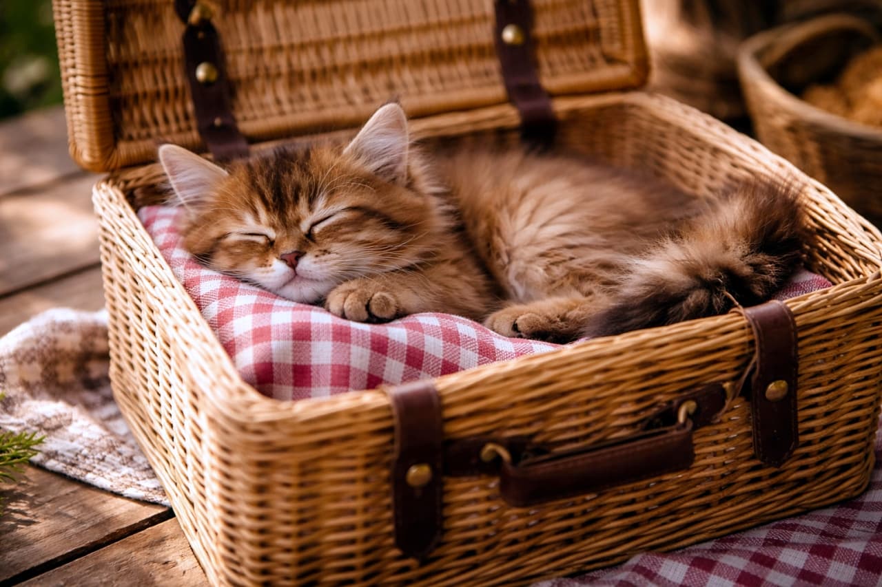 A fluffy Somali kitten sleeping soundly on a red and white checkered cloth inside an open wicker picnic basket.