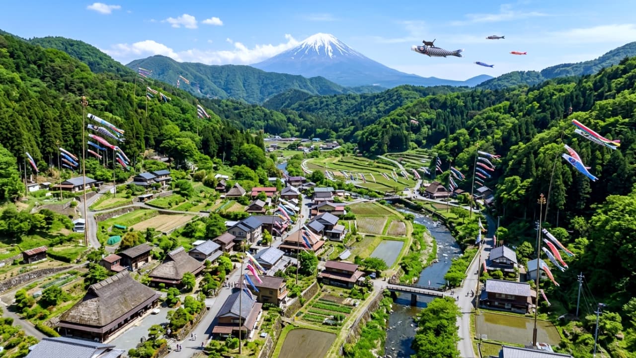 A photorealistic scenic landscape shot from above of a small Japanese village with traditional houses nestled in a lush green valley. Numerous Koinobori (carp streamers) are flying on tall poles along the river and throughout the village. Far in the distance against a sunny blue sky, a small silhouette of a cat riding a flying Koinobori can be seen, with snow-capped Mt. Fuji in the far background. Beautiful natural lighting.