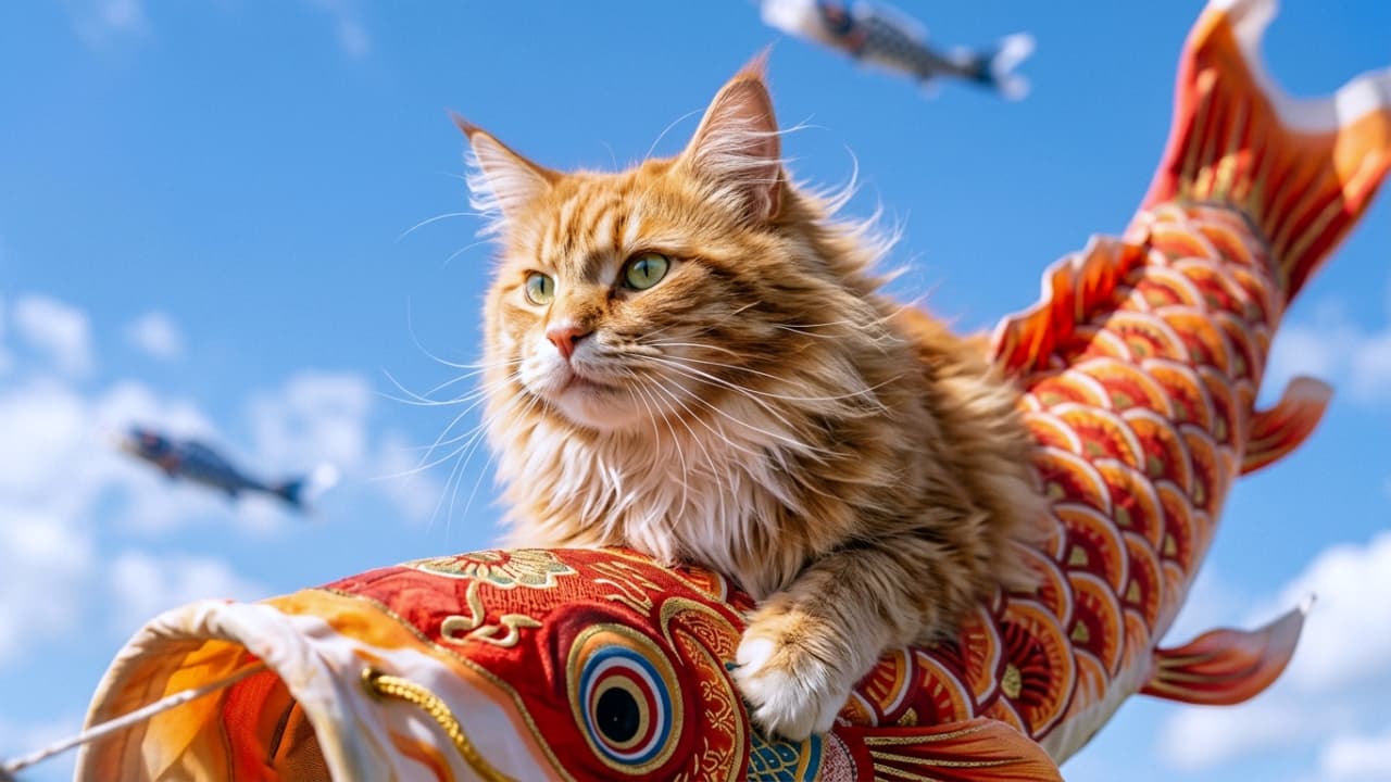 A high-quality photorealistic close-up photograph seen from a slightly lower angle, focusing on a majestic fluffy orange tabby cat riding a giant Koinobori (carp streamer). The wind blows the cat's long fur, and its intense, adventurous face is in sharp focus. Part of the vibrant Koinobori with detailed patterns of orange and red scales is visible beneath the cat. The background is a bright blue sky with soft white clouds, and distant, softly blurred other small Koinobori are floating. Highly detailed texture. Shallow depth of field.