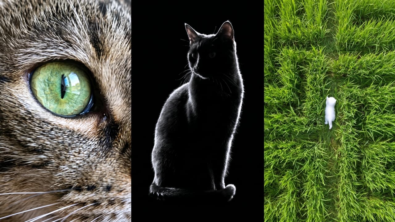Ultra-realistic high-quality widescreen banner triptych featuring cats shot with different professional photography techniques. Left panel: An extreme macro photography close-up of a cat's greenish-yellow eye with bright reflections and sharp fur details. Center panel: A dramatic studio shot of a sleek black cat with strong white rim lighting against a pitch-black background, creating a powerful silhouette. Right panel: A top-down aerial drone photography shot of a tiny white kitten walking along a path in a maze of vibrant tall green grass. Highly detailed cinematic image.