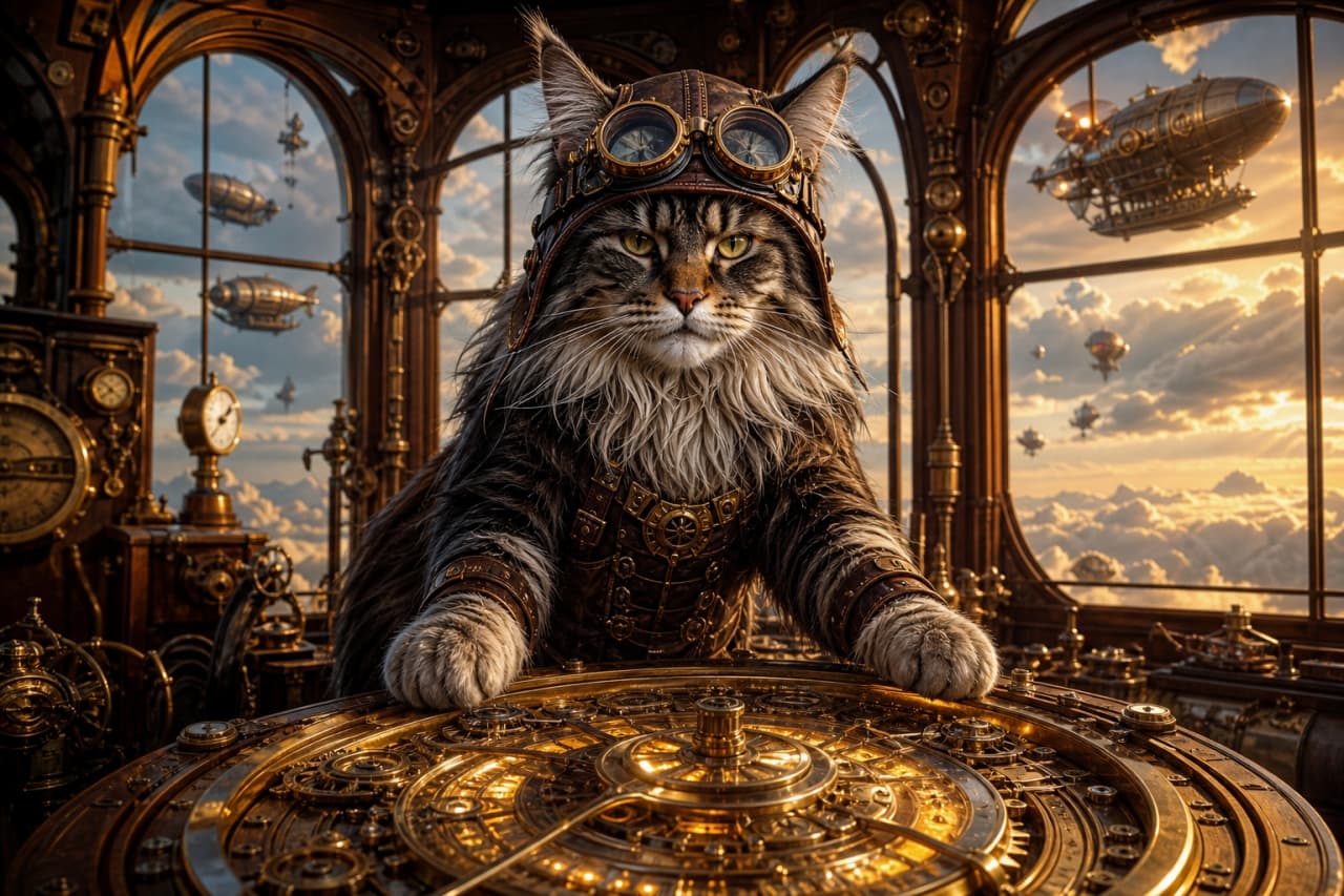 A cinematic, highly detailed portrait of a fluffy Maine Coon cat dressed as an airship captain, facing directly forward with a confident stare. The cat wears a leather aviator helmet with brass goggles pushed up onto its forehead, along with a detailed leather and brass chest harness. Both of its large paws are planted firmly on an intricate, giant golden navigational dial covered in gears. The ornate, brass-lined navigation room features grand arched windows behind the cat, showcasing a dramatic sunset sky filled with clouds and several floating steampunk airships illuminated by the fading light.
