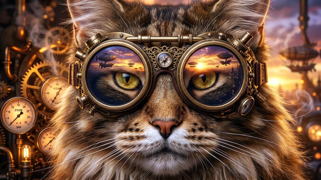 A highly detailed, front-facing portrait of a majestic Maine Coon cat adorned with elaborate brass steampunk goggles that feature a small central compass dial on the nose bridge. The cat's striking yellow-green eyes pierce directly at the viewer through the lenses, which simultaneously reflect a vibrant sunset sky dotted with multiple distant airships. The cat is framed by a softly blurred background filled with industrial steampunk elements, including luminous brass pipes, intricate gears, and glowing steam pressure gauges.