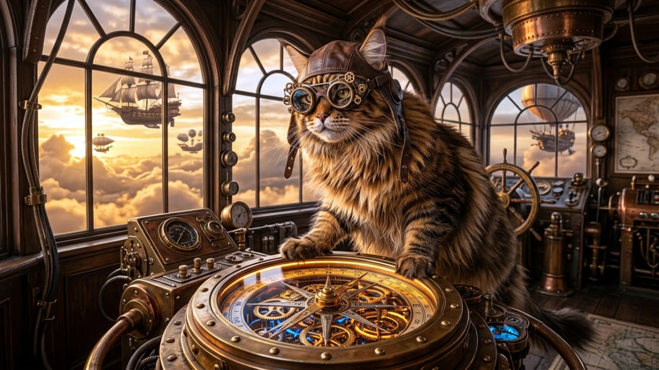 A highly detailed, photorealistic image of a majestic Maine Coon cat acting as a navigator inside the wooden and brass cabin of a giant steampunk airship. The cat is wearing a leather aviator hat with intricate brass goggles over its eyes, looking intently toward the left side of the frame. Its paws are resting on a massive, glowing brass compass that is heavily detailed with complex clockwork mechanisms and internal gears. In the background, large Victorian-style arched windows reveal a breathtaking view of a golden sunset, fluffy illuminated clouds, and a distant flying galleon ship alongside other steampunk dirigibles.