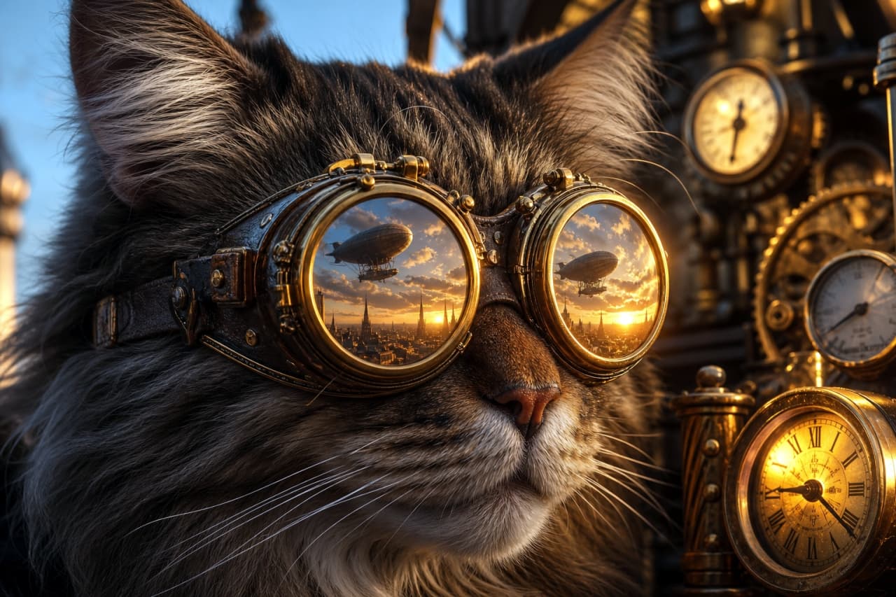 An extreme close-up, side-profile portrait of a fluffy Maine Coon cat wearing intricate brass steampunk goggles. The large, round lenses of the goggles act as mirrors, vividly reflecting a golden sunset over a sprawling city skyline and a large floating zeppelin. To the right of the cat's face, warm, cinematic light emanates from an array of complex, antique-looking clockwork gears, dials, and luminous pressure gauges, beautifully highlighting the rich, realistic texture of the cat's fur.