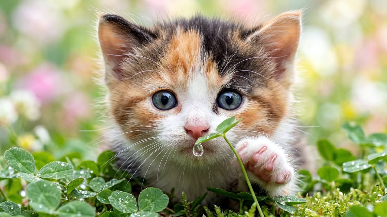 An incredibly cute and impactful macro portrait photograph of the face of a minuscule 5-week-old calico kitten, shot from a ground-level perspective. The kitten's face fills the frame as it stares intently and slightly cross-eyed at a single, perfect, crystal-clear raindrop that is about to drip from a tiny clover stem right in front of its nose. One of its impossibly small, pink-toed front paws is slightly raised towards the drop. The background is a very smooth, glowing bokeh of pastel green and pink, symbolizing spring. The kitten's fur looks incredibly soft and detailed. Soft, natural, dewy lighting. Focus is razor-sharp on the kitten's big eyes and the shimmering raindrop. 16:9 aspect ratio.