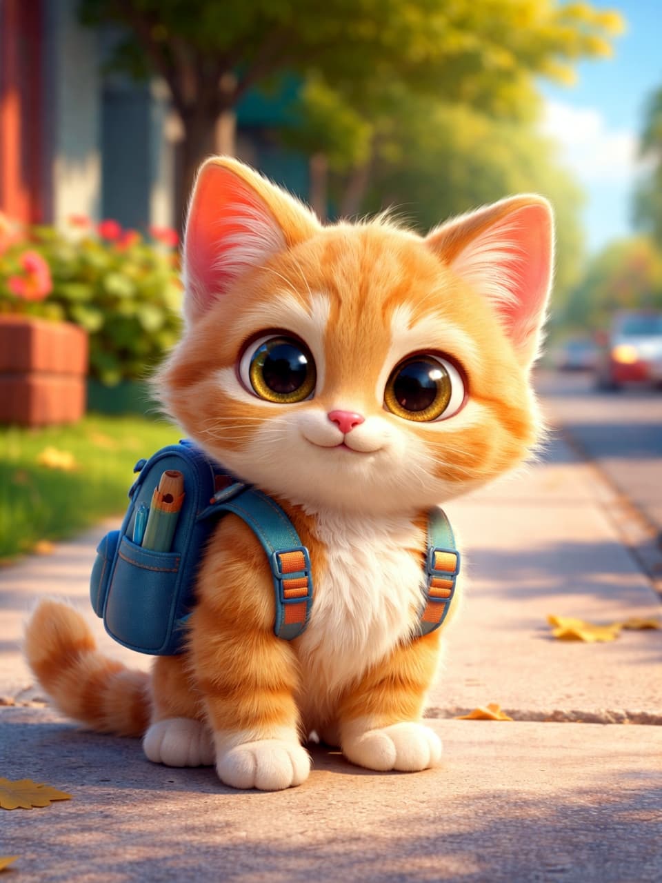 "Off to kitty-garden! 🎒🐾 With my backpack packed and a big wide world to explore, I'm ready for anything! Let's find some leaves to pounce on." A cute orange tabby kitten with big, innocent eyes, wearing a tiny blue backpack filled with pencils, sits on a sun-dappled city sidewalk with autumn leaves and a background of trees and distant cars.