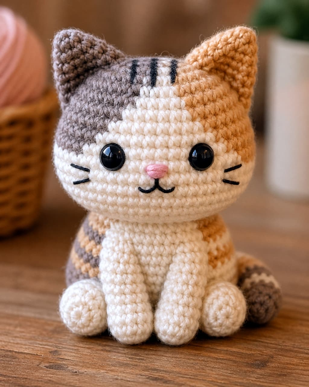 "Okay, seriously, can we talk about how CUTE this little amigurumi is? My heart just melted. Look at those big, curious eyes and that tiny, perfectly stitched pink nose! 💖 It is so well-made and looks ready for some desk-side snuggles. The perfect companion for any crafter. I honestly want one in every color imaginable! 🧶🐈 #CrochetCat #HandmadeLove #AmigurumiMagic #KawaiiCreations" A close-up photograph of a charming, handmade crochet amigurumi cat sitting on a rustic wooden table. The cat features a calico-style pattern with patches of gray, cream, and peach-orange yarn. It has large, glossy black safety eyes, a small triangular pink nose, and stitched black whiskers. In the background, the scene is softly blurred, showing a woven basket filled with soft pink yarn and a small potted plant, suggesting a cozy crafting environment.
