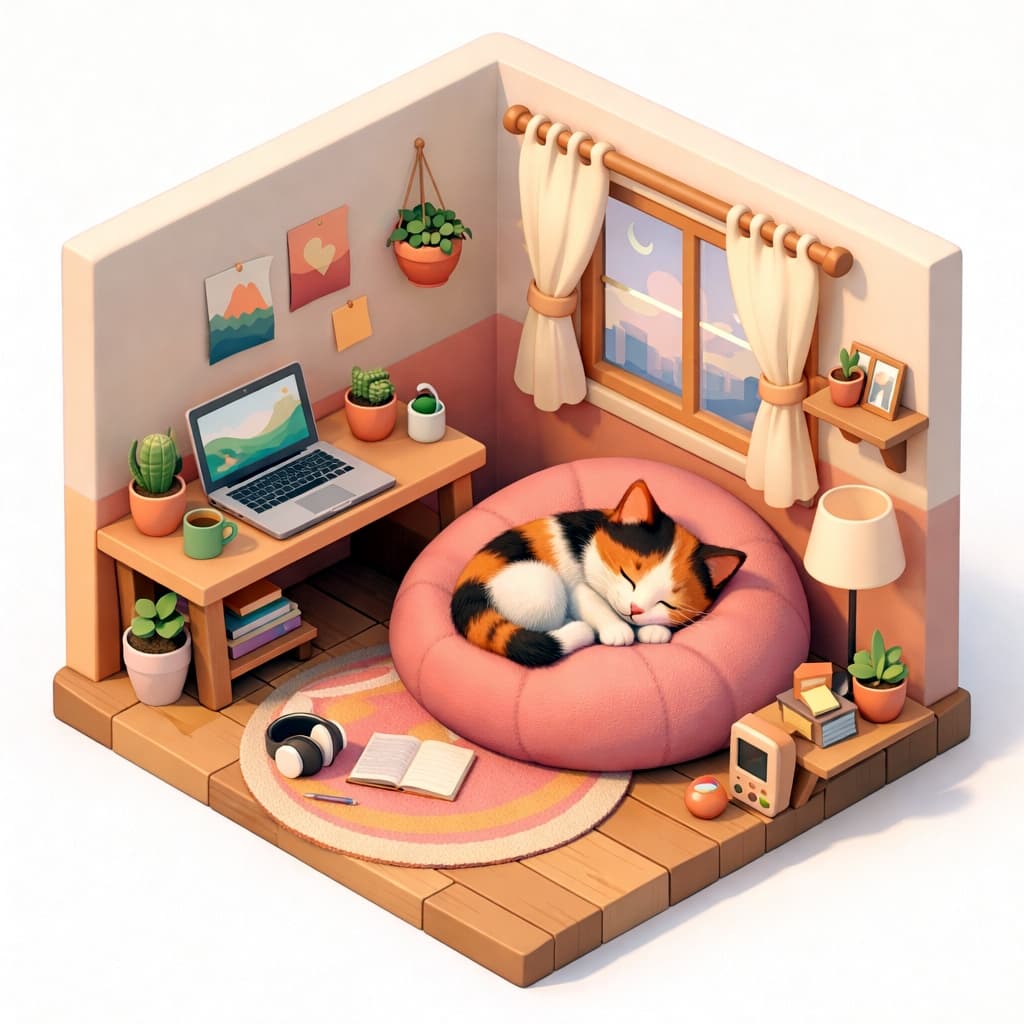 "Nap time in this purr-fectly curated pastel hideaway! 😴💖 This cozy corner is giving us major cozy-vibes." A cozy, pastel-colored isometric room scene with a sleeping calico cat curled up on a large pink pouf cushion. A desk with a laptop, books, and plants sits on the left, with more potted greenery and framed pictures by a window looking out to a soft evening sky.
