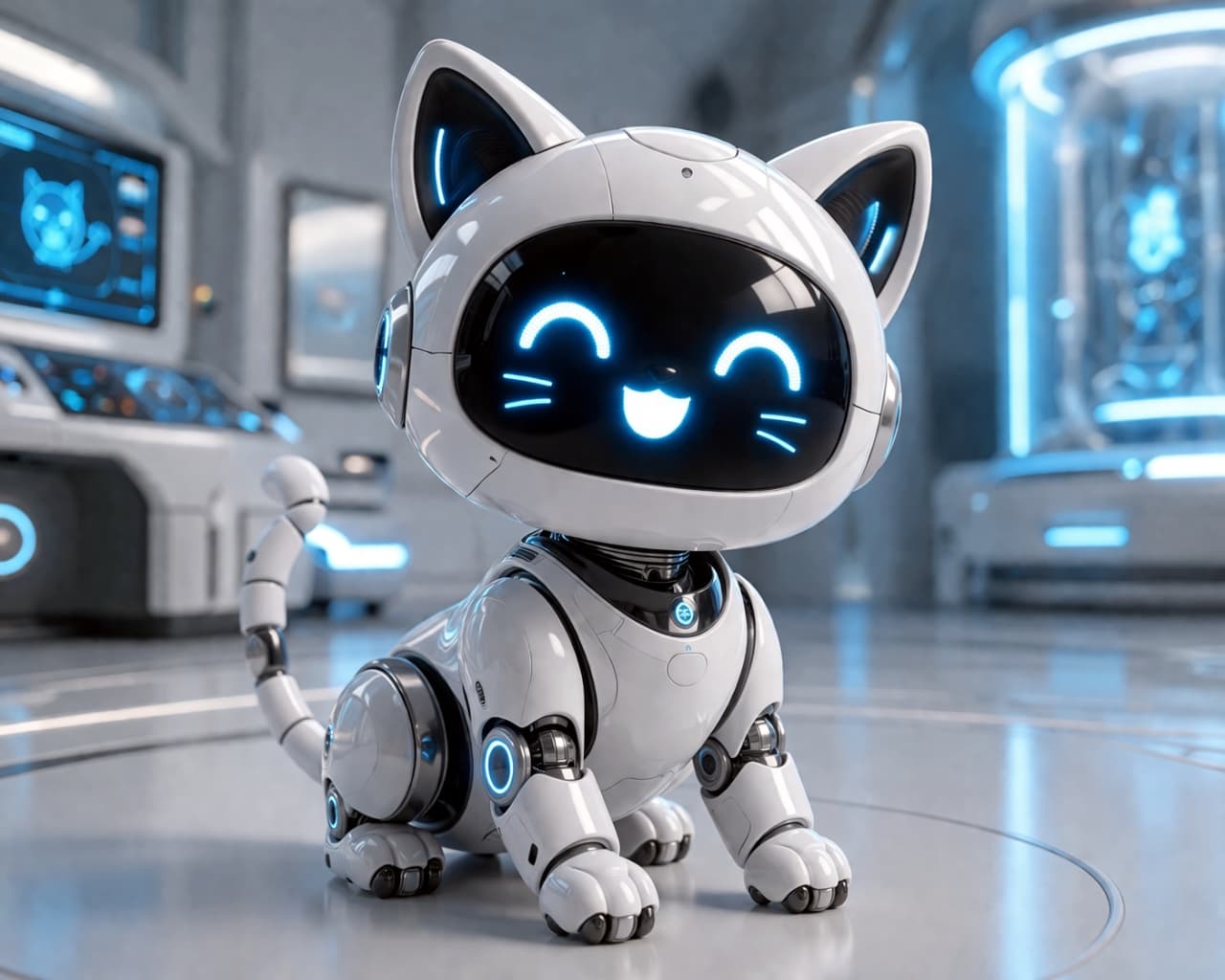 "He’s sitting pretty with the absolute biggest, happiest LED smile! This futuristic kitten is poised perfectly in the lab, keeping an eye on all the experiments. Such a chill little bot. 🔬 I wonder if he has a tiny built-in synthesizer for purring? Those cyan LED accents are everything. The future of companionship is officially here and it's adorable! #SittingRobot #NekoBot #FutureIsMeow #TechVibes" A futuristic white robot cat is sitting calmly on a clean, light-reflective laboratory floor. Its sleek, rounded head features a black screen face displaying a joyful, pixelated expression with glowing, arc-shaped eyes and a wide, happy smile. The cat's body is comprised of polished, smooth white plating with subtle cyan LED accents visible on its ears, neck, and joints. In the background, there is a high-tech laboratory environment with metallic surfaces, complex equipment, and a glowing blue cryo-chamber, emphasizing a clean and advanced technological setting.