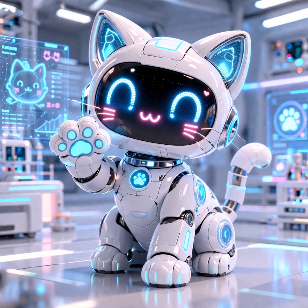 "System update: Cuteness overloading! 🐾 A super high-tech robot cat is giving us a wave from the lab of the future. The "U-W-U" face says it all—science is definitely fun when you have a mecha-companion! Those blue lights are just mesmerizing. Sending a high-paw back to this little genius! 😺✨🤖 #RobotCat #MechaMeow #TechPaw #UWUFace #FuturePets" A vibrant, futuristic photograph of a sleek white robot cat sitting in a high-tech science laboratory. The cat has a polished, rounded head with a black screen face displaying a joyful, pixelated "U-W-U" style expression with sparkling eyes. Bright blue and cyan LED lights glow from its ears, a glowing paw print symbol on its chest, and its front paw pads as it raises its right paw in a friendly greeting. In the background, various holographic screens with glowing feline interface graphics appear in the air, creating a high-energy technological atmosphere.