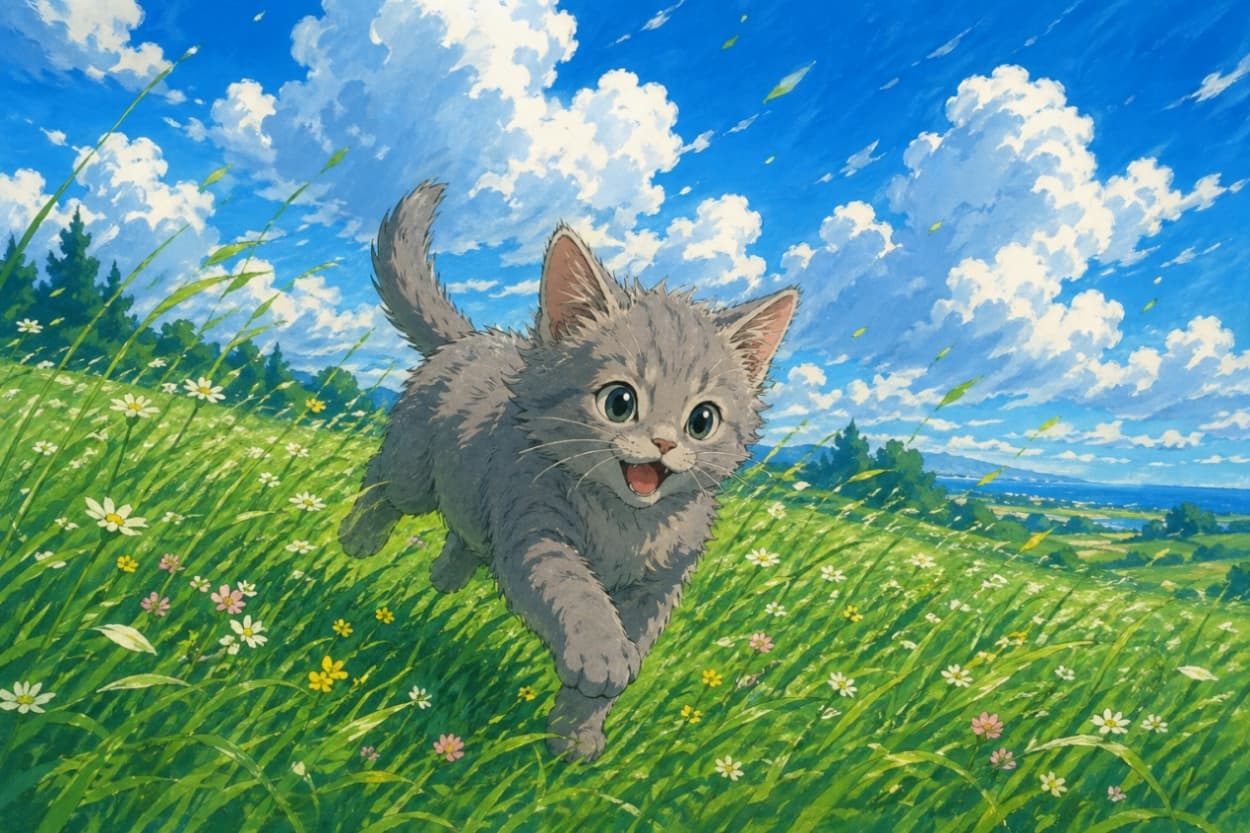 "Pure unadulterated happiness is a tiny, grey, floofball running full-speed through a magical meadow with not a care in the world. Look at that wide-eyed excitement and joyful bounce! Who wouldn't want to join this Ghibli-esque adventure to the sea? 🌸🐾✨" A highly detailed, Studio Ghibli-style illustration showing an adorable, fluffy grey kitten with wide, happy green eyes and an open mouth. The kitten is joyfully bounding towards the camera through a sprawling, sun-dappled green meadow filled with wildflowers like white daisies and yellow flowers. The background features a vast coastal landscape stretching to a distant sea under a bright blue sky with large, fluffy white cumulus clouds. Tiny green grass blades are blowing in the wind.