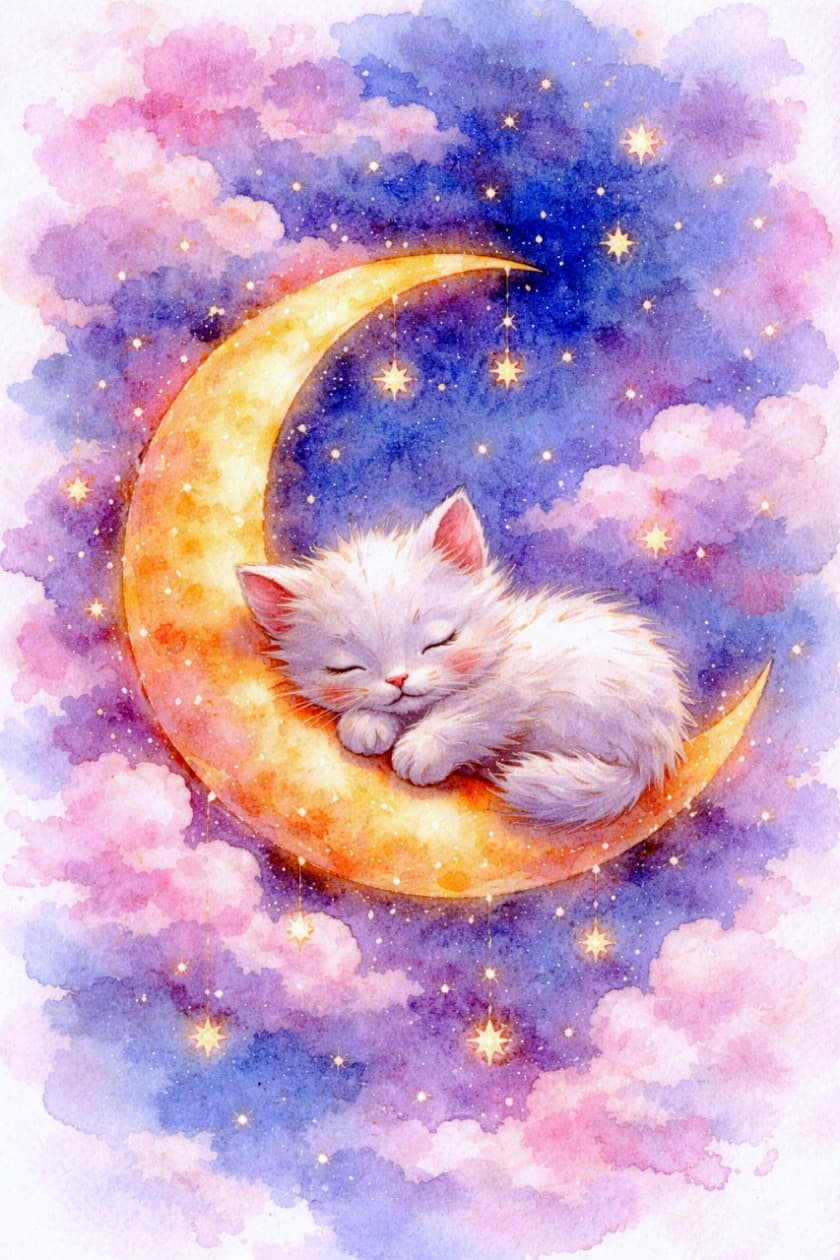 "Sweet dreams on a cotton candy cloud! 🌙💤 This sleepy little furball is nestled safe and sound on a magical moon, drifting through a world of sparkling stars." A dreamlike watercolor illustration of a soft, fluffy white kitten sleeping peacefully on a large, golden crescent moon, surrounded by pastel-colored pink and blue clouds and twinkling star constellations.