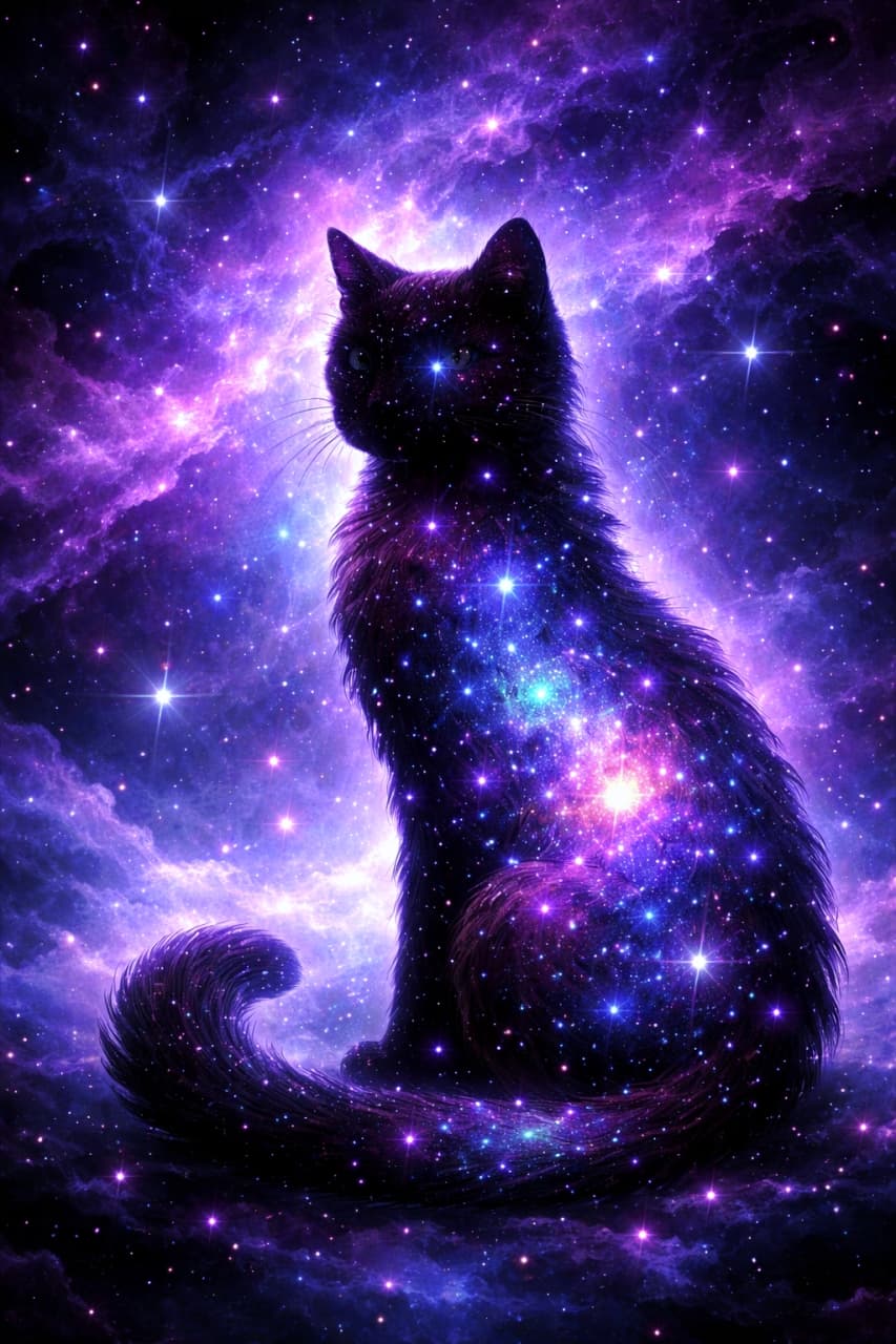 "A pawsitively cosmic kitty! ✨ This celestial feline is made of pure stardust and dreams of galactic adventures. 🌌😺" A full-body silhouette of a sitting black cat composed entirely of a vibrant purple nebula, starry galaxies, and glittering stardust, against a background of deep space and swirling cosmic clouds.