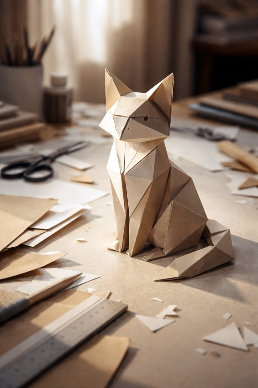 "From a flat sheet to a 3D work of art! This geometric paper cat is the undisputed master of the craft table. Look at those incredibly precise folds—it's a little masterpiece of origami skill. ✂️ He's got such a serene, folded expression. Just don't let any real water get too close to this paper friend! #OrigamiCat #PaperCrafts #HandmadeMasterpiece #DeskArt" A photograph of a neatly folded, geometric origami cat made from light brown craft paper. The origami figure sits prominently in the center of a slightly messy wooden work desk covered in various crafting tools and paper scraps. Surrounding the cat are black metal scissors, a pencil, a metal ruler, and scattered pieces of cut paper. Soft, warm sunlight streams from a nearby window, casting long shadows and highlighting the crisp, angular folds of the paper art.