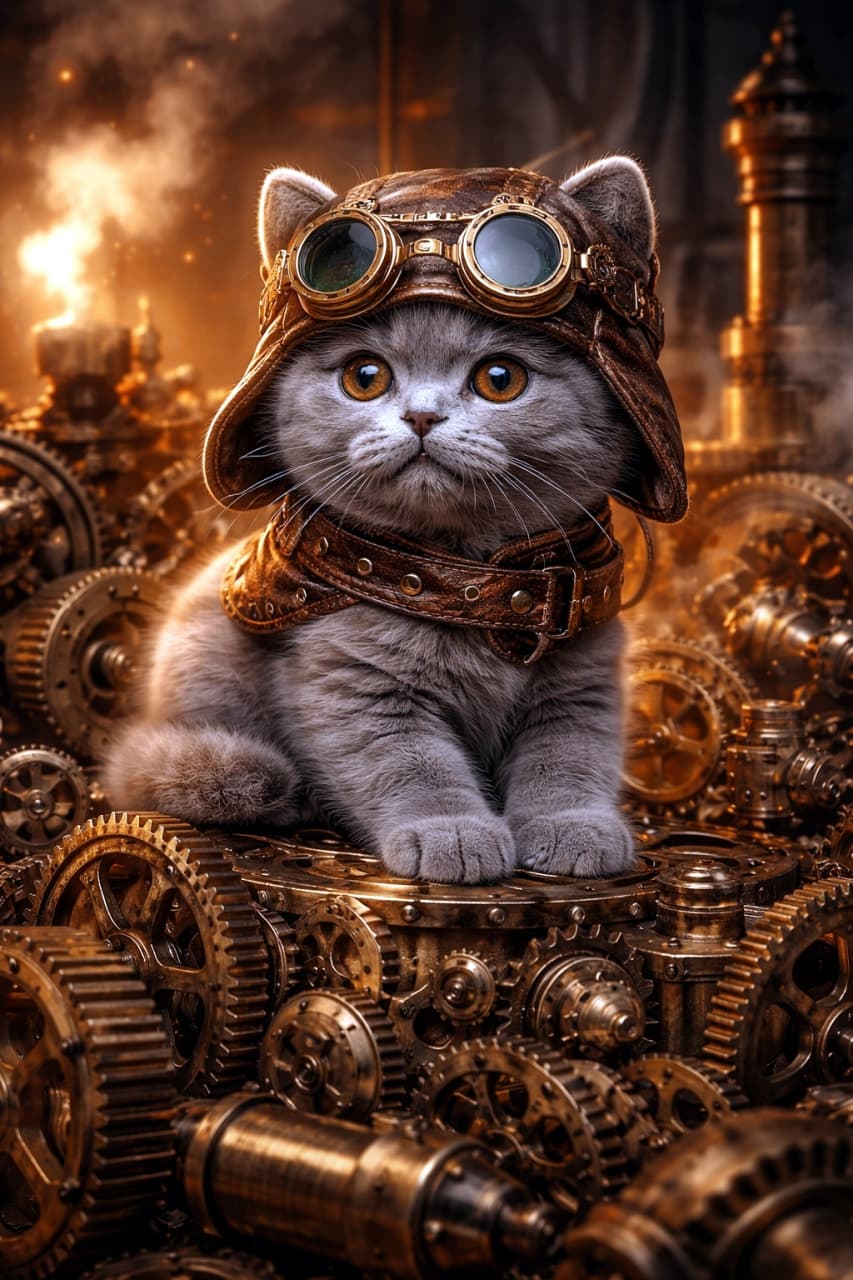 "All geared up and ready for an adventure! ⚙️😼 This little aviator kitten is taking us on a steampunk journey through a maze of machinery." A close-up photograph of a fluffy grey kitten wearing a leather aviator cap and steampunk goggles, sitting on a complex and dense bed of intricate brass gears, cogs, and machinery with steam rising in the background.