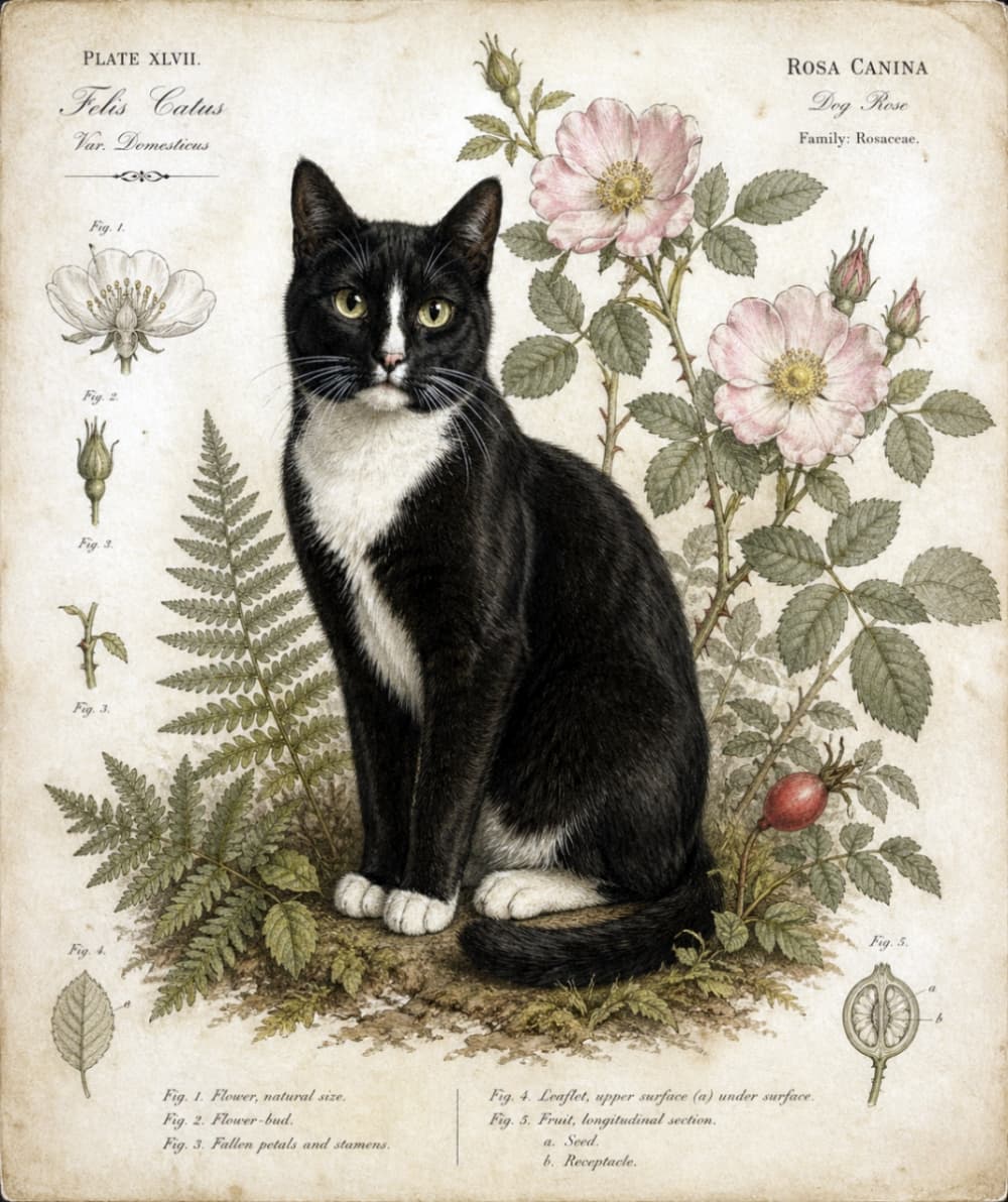 "Check out this classic! A sophisticated tuxedo cat making its scientific debut. This is the coolest, most detailed botanical plate ever, mixing science with pure cat-titude. 🌿😿 Look at that face—he clearly knows he's the subject of a very important study! So many tiny, fascinating details to discover in this vintage print. #VintageCat #ScienceAndCats #BotanicalArt #CatStudies" A detailed, vintage natural history engraving-style illustration printed on aged, parchment-colored paper. At the center sits a black and white tuxedo cat with attentive eyes. Surrounding the cat are intricate botanical illustrations of a flowering dog rose (Rosa canina) featuring pink blossoms and detailed leaves. To the left, there are anatomical diagrams of the rose, including a cross-section of a flower and a fern leaf, with elegant serif typography labels such as "Plate XLVII," "Felis Catus," and "Fig. 1. Flower, natural size."