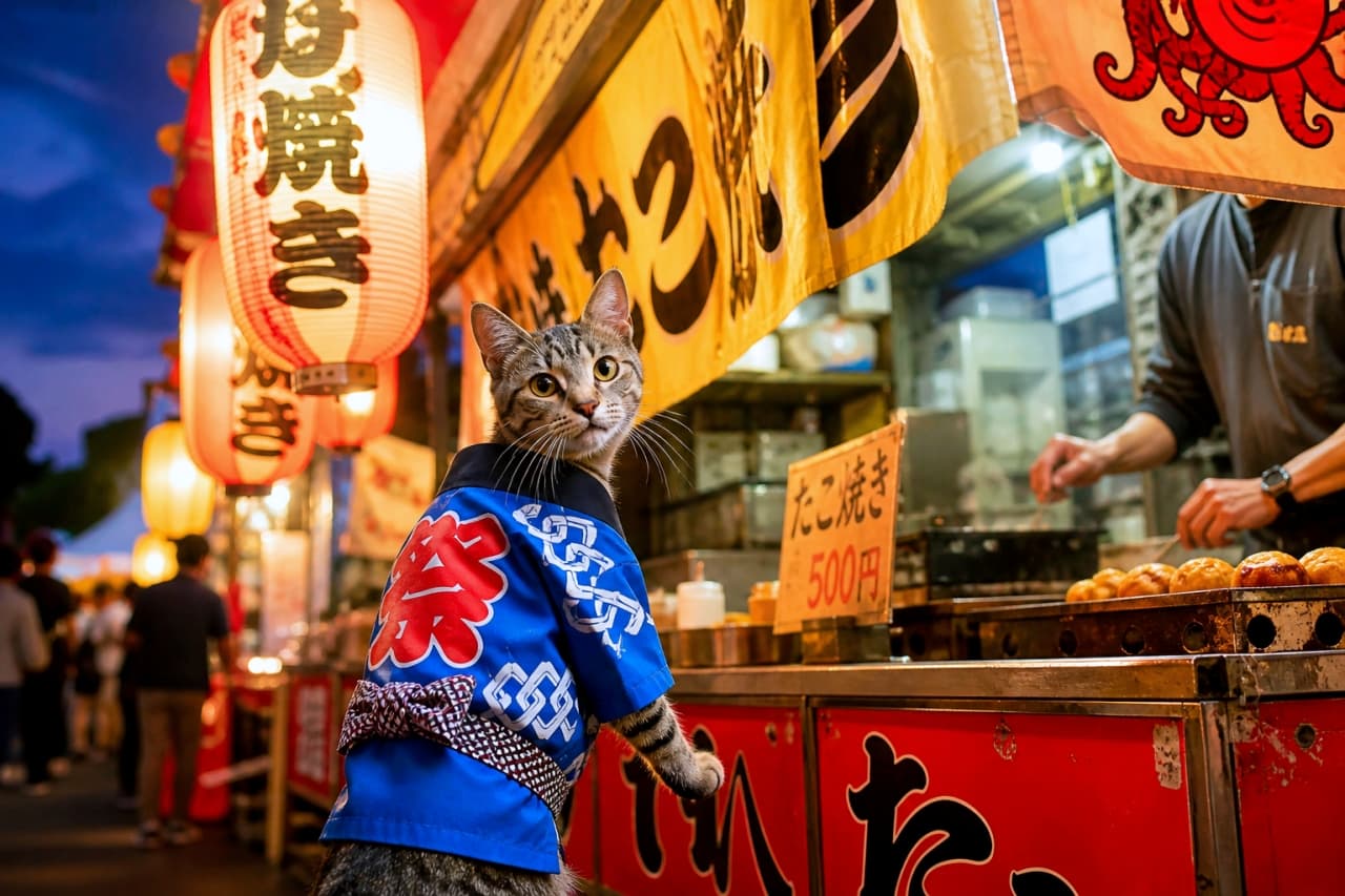 "An AI-generated vibrant photo of a cat in a traditional blue festival coat looking at food stalls." A tabby cat wearing a traditional blue Japanese festival happi coat with the character for "festival" on its back, turning to look back while standing at a lively takoyaki food stall illuminated by paper lanterns.