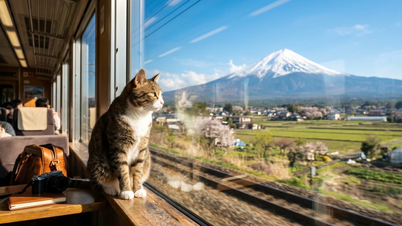 "An AI-generated masterpiece of a cat looking out a train window at Mount Fuji." Ultra-realistic high-quality photograph of a tabby and white cat sitting by a train window, looking out at Mount Fuji and a rural landscape, with its reflection in the glass and a camera on the table.