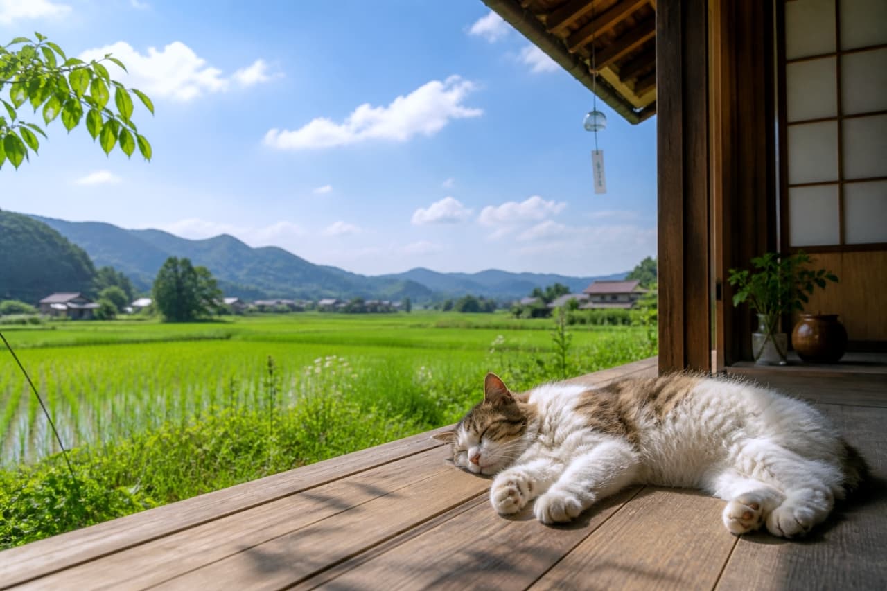 "An AI-generated photo of a fluffy cat sleeping on a traditional wooden porch overlooking green rice fields." A fluffy tabby and white cat is sleeping soundly on a wooden porch (engawa) of a traditional Japanese house, with a beautiful view of lush green rice fields, mountains, and a clear blue May sky in the background.