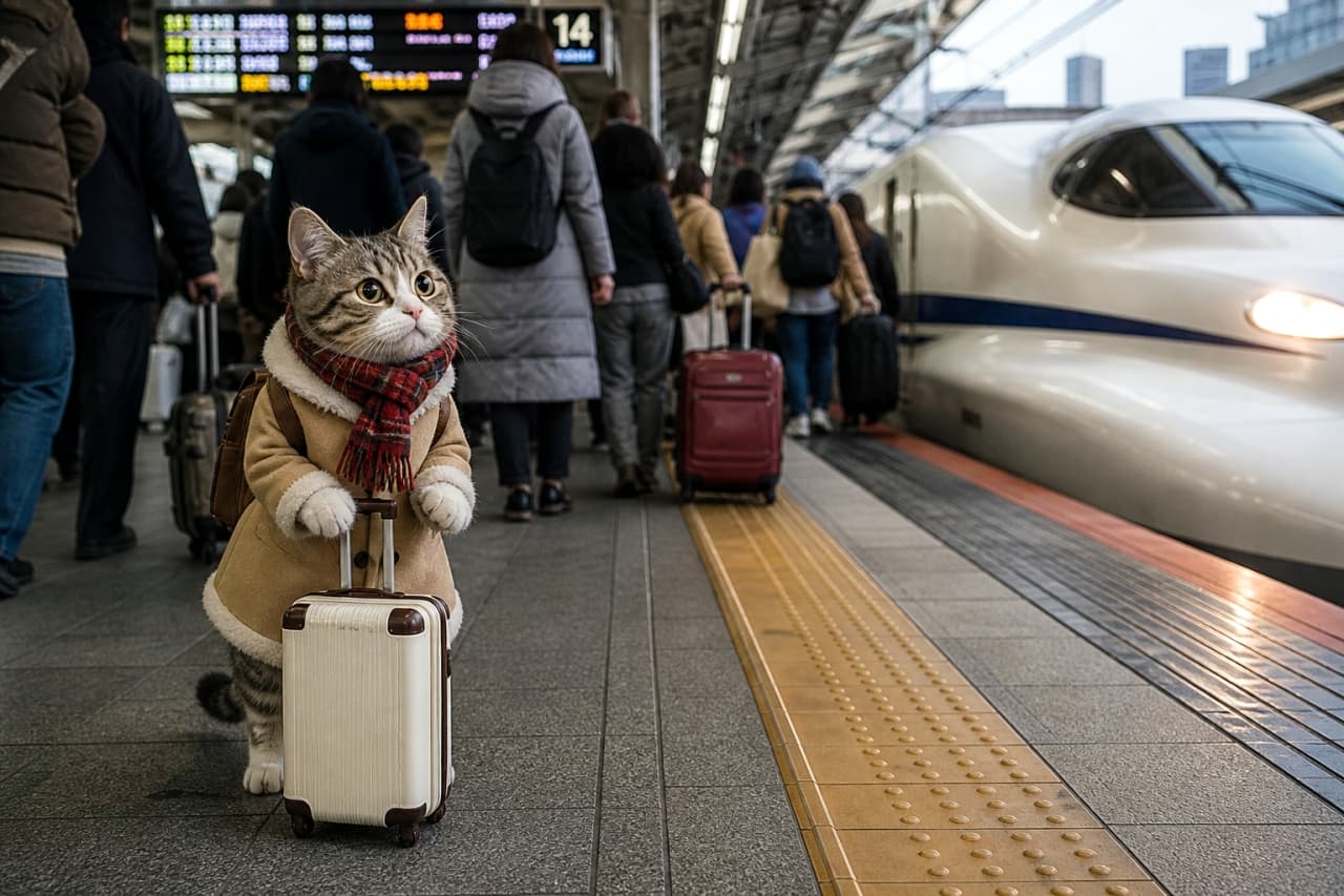 "An AI-generated photorealistic image of a cat with a tiny suitcase waiting on a crowded bullet train platform." Ultra-realistic high-quality photograph of a tabby and white kitten wearing a winter coat and scarf, standing next to a small suitcase on a train station platform with a bullet train in the background.