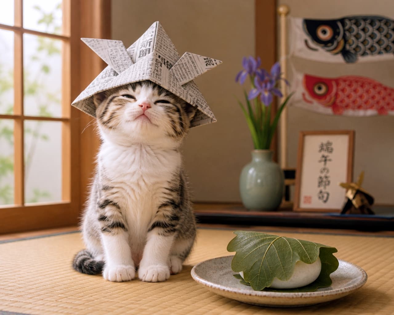 "An AI-generated illustration of a kitten wearing an origami samurai helmet next to Kashiwa-mochi sweets." A cute kitten sitting on a tatami mat wearing a samurai helmet made of newspaper, celebrating Japanese Children's Day, with kashiwa mochi on a plate and carp streamers in the background.