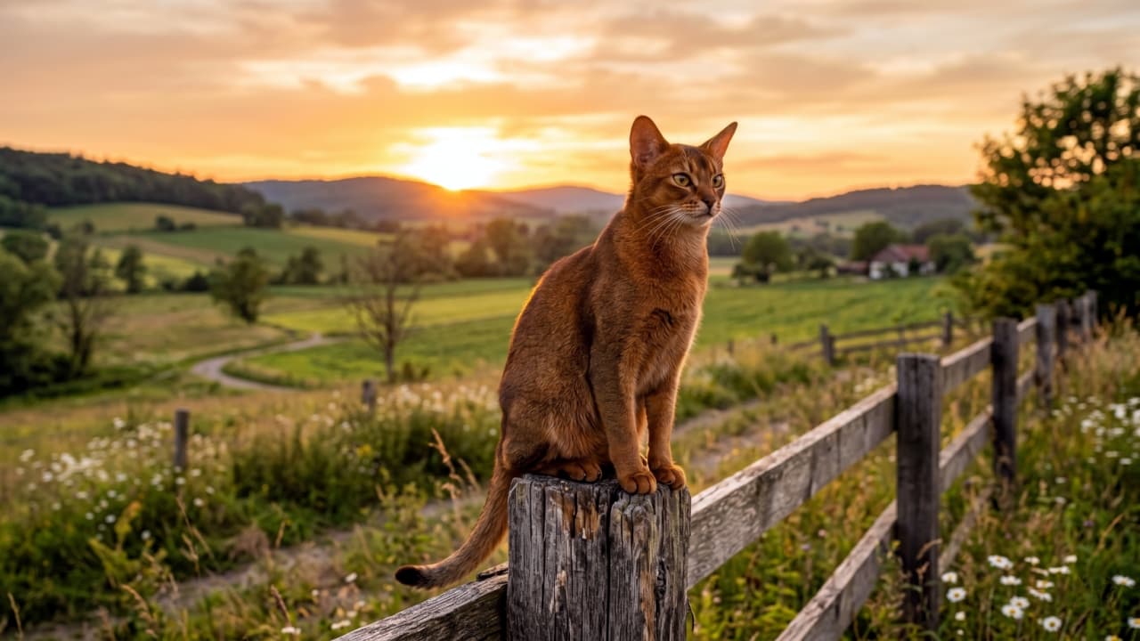 "Chasing the golden hour. 🌅 Countryside sunsets are always better with a feline friend! 🌾🧡 #Abyssinian #GoldenHour" Ultra-realistic high-quality photograph of an Abyssinian cat sitting gracefully on an old wooden fence post overlooking a rolling countryside landscape during a brilliant golden sunset.