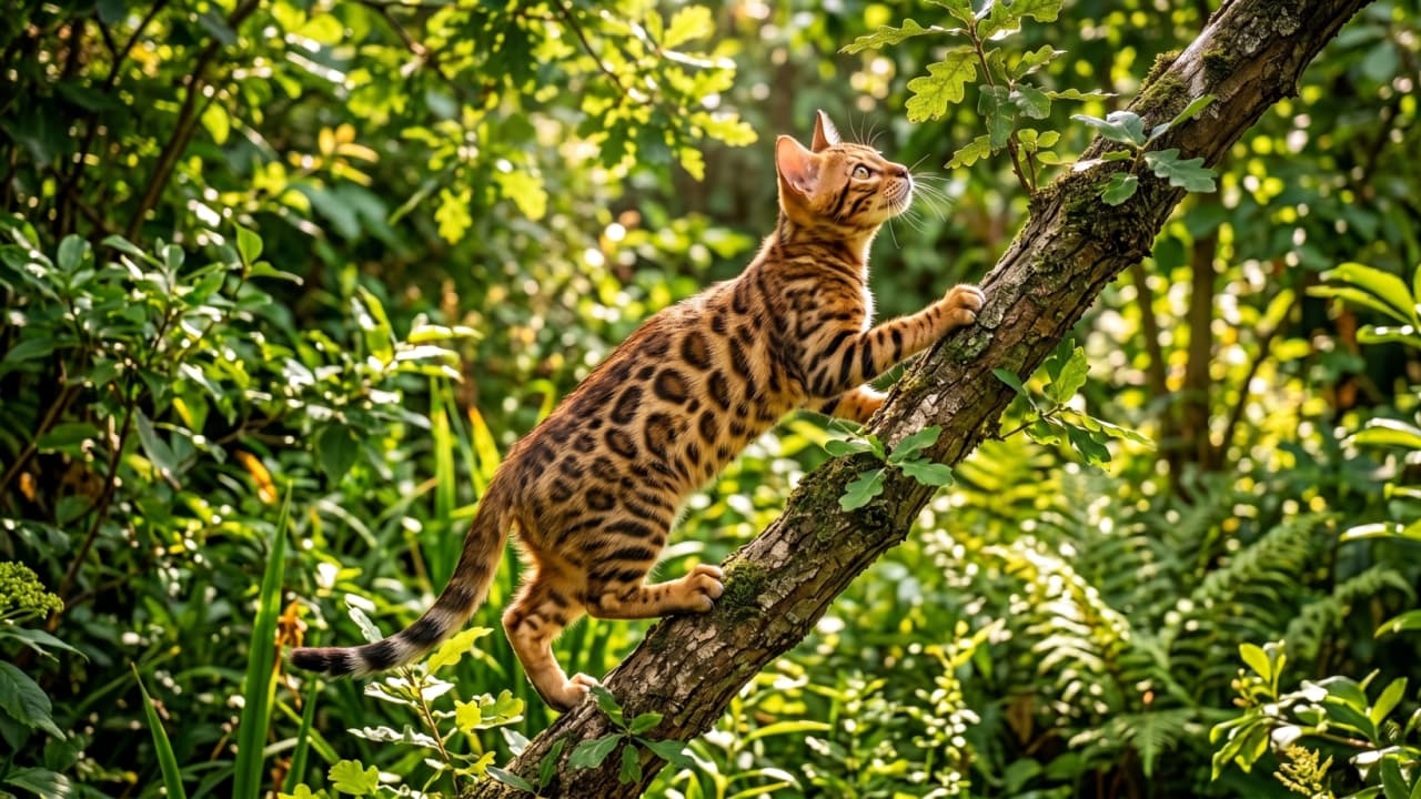 "Unleashing the inner leopard! 🐆🌿 This Bengal cat is perfectly at home in the lush green jungle. #BengalCat #JungleVibes" Ultra-realistic high-quality photograph of a Bengal cat with striking rosette patterns actively climbing a mossy tree branch in a vibrant, sun-dappled green forest.