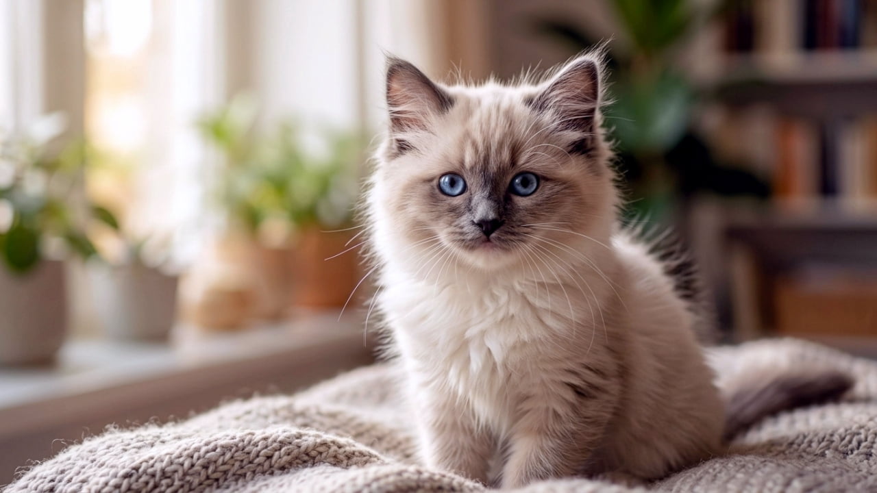 "Caught in those beautiful blue eyes... 💙✨ This fluffy cloud is here to brighten your day!" Ultra-realistic high-quality photograph of a fluffy cream-colored kitten with striking blue eyes, sitting comfortably on a soft knitted blanket. The background is a warm, bright indoor setting with soft bokeh focusing on the kitten’s expressive face.
