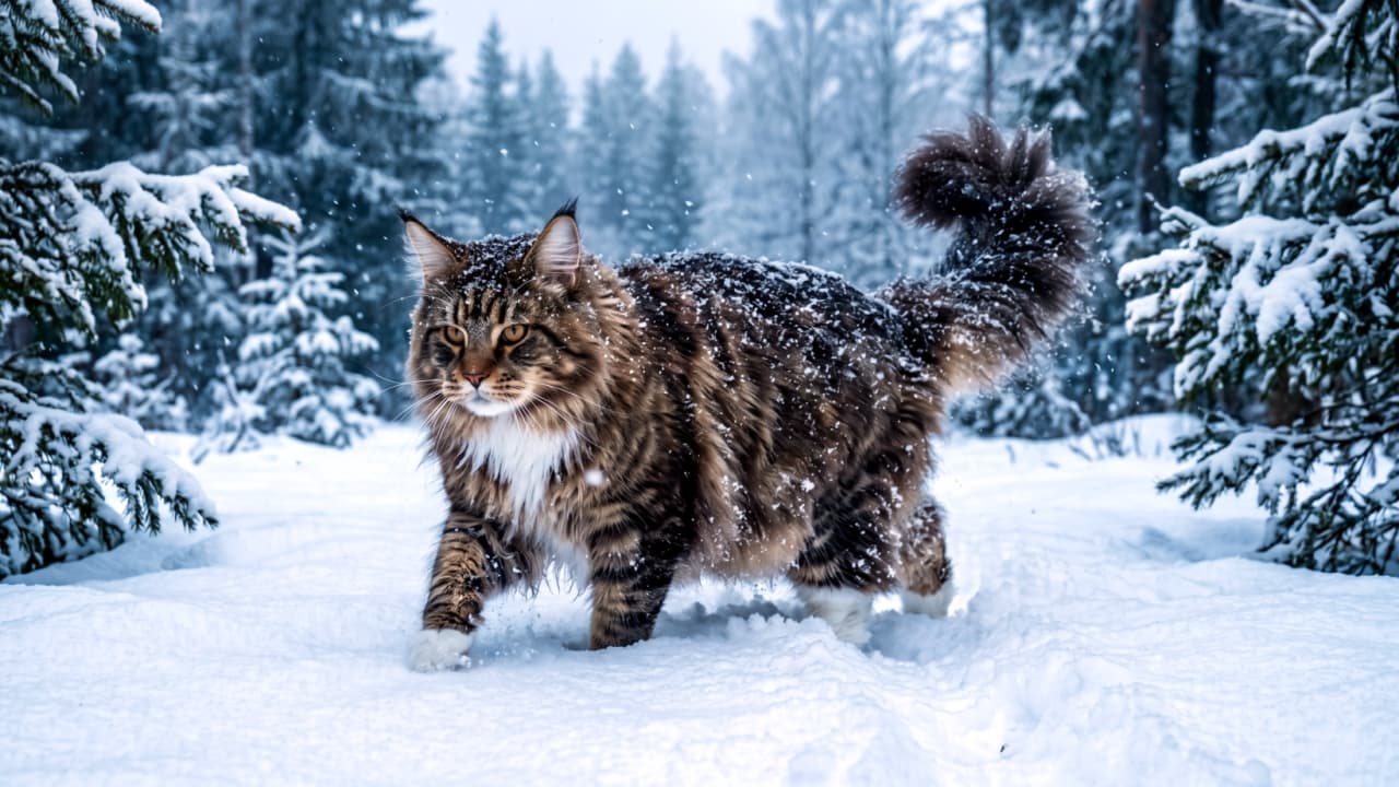 "The majestic king of the winter forest! ❄️🌲 Braving the deep snow with that magnificent fluffy tail. 🐾🤍 #MaineCoon #WinterWonderland" Ultra-realistic high-quality photograph of a majestic Maine Coon cat with a thick, fluffy coat and tail walking powerfully through deep snow in a serene winter pine forest.