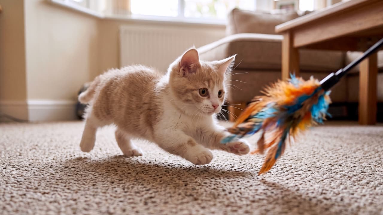 "Pounce mode activated! 🚀 Caught mid-air trying to grab the colorful feathers. So much energy! 😹✨ #KittenPlay #CatLife" Ultra-realistic high-quality photograph of a cute ginger and white kitten captured mid-pounce on a beige carpet, reaching out to catch a vibrant, colorful feather wand toy.