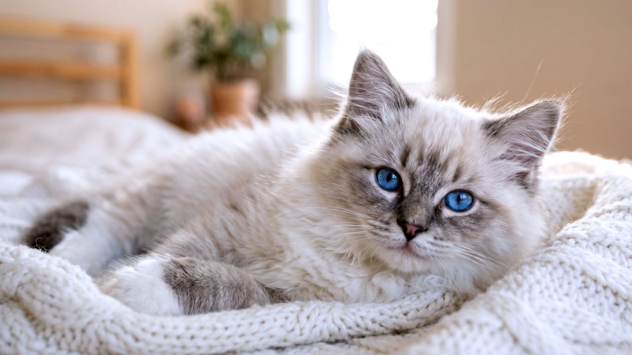 "Just a fluffy cloud with bright blue eyes! ☁️💙 Snuggle time is the best time. #Ragdoll #CozyVibes" Ultra-realistic high-quality photograph of a fluffy Ragdoll kitten with piercing blue eyes resting on a chunky white knit blanket in a warm, cozy indoor setting.