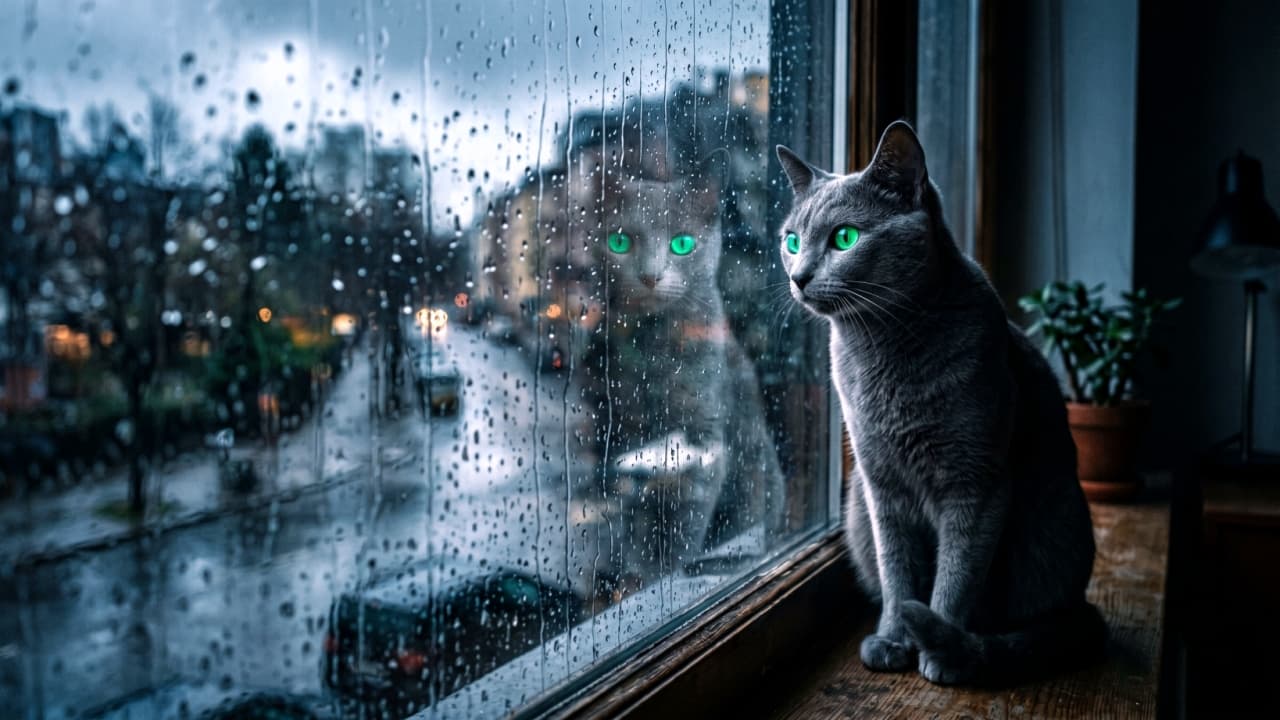 "Cozy days inside watching the city rain... 🌧️🏙️ Those green eyes hold so many secrets! 💚 #RainyDay #RussianBlue" Ultra-realistic high-quality photograph of a Russian Blue cat with glowing green eyes sitting by a window covered in raindrops, looking out at a moody, rainy city street.