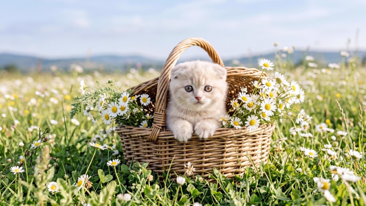 "Spring is here! 🌼 This little Scottish Fold is ready for a sunny picnic. Who wants to join? 🧺🐾 #CatLover #SpringVibes" Ultra-realistic high-quality photograph of a cute Scottish Fold kitten sitting inside a woven basket surrounded by blooming white daisies in a sunlit meadow.
