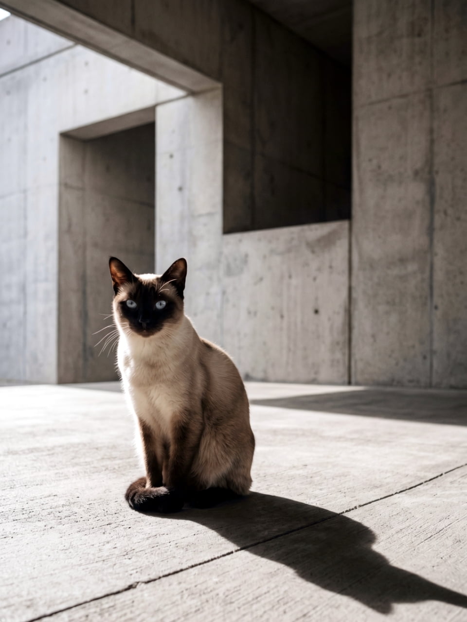 "Striking a pose in the modern city. ✨ Loving the sleek vibes and dramatic shadows! 🖤🐾 #SiameseCat #ModernAesthetic" Ultra-realistic high-quality photograph of an elegant Siamese cat sitting on a concrete floor within a minimalist, modern architectural space, featuring dramatic sunlight and strong shadows.