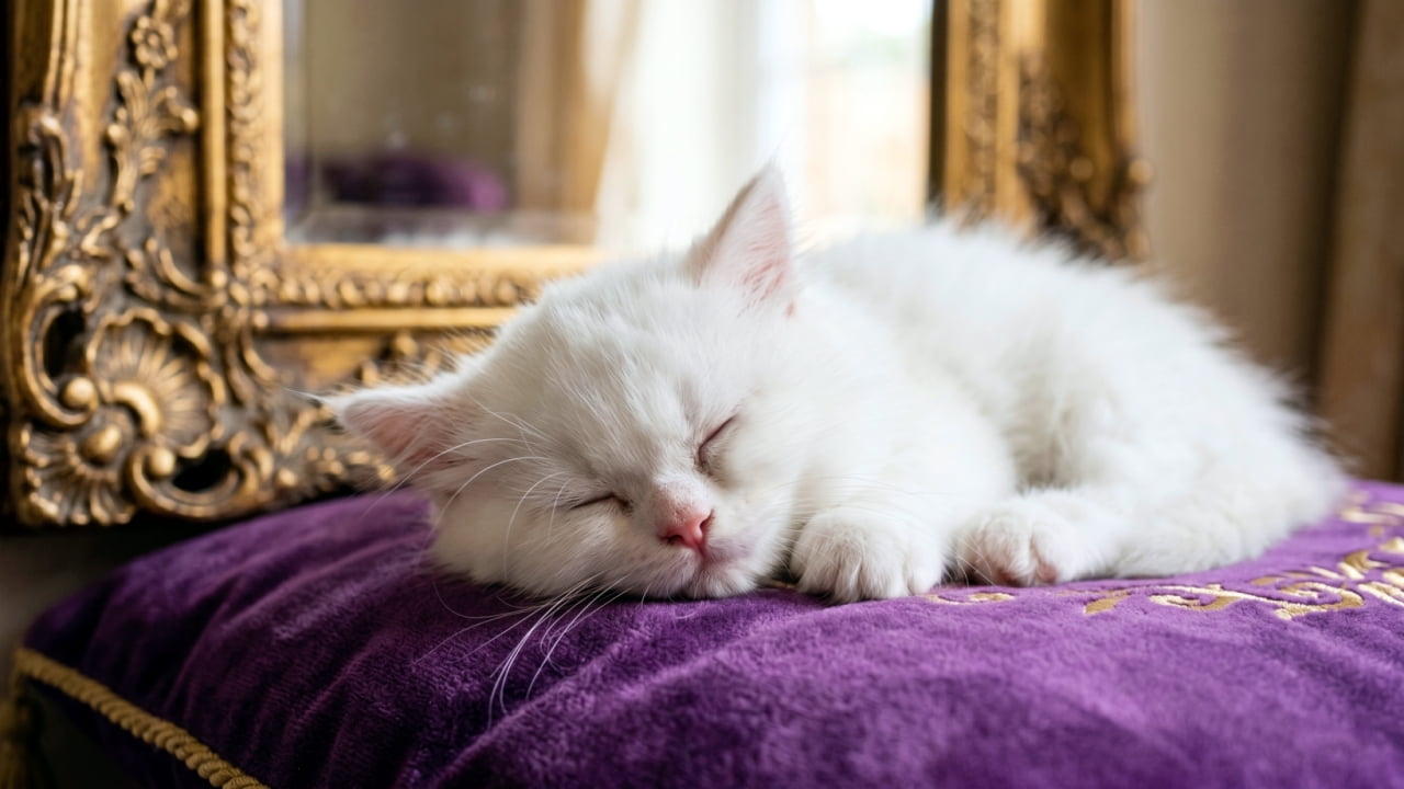 "Sweet dreams for this little royal highness. 👑✨ Sleeping peacefully on a velvet throne. 💜🐾 #PersianCat #SleepingBeauty" Ultra-realistic high-quality photograph of a pristine white Persian kitten sleeping peacefully on a rich purple velvet pillow with gold embroidery, positioned next to an ornate gold mirror.