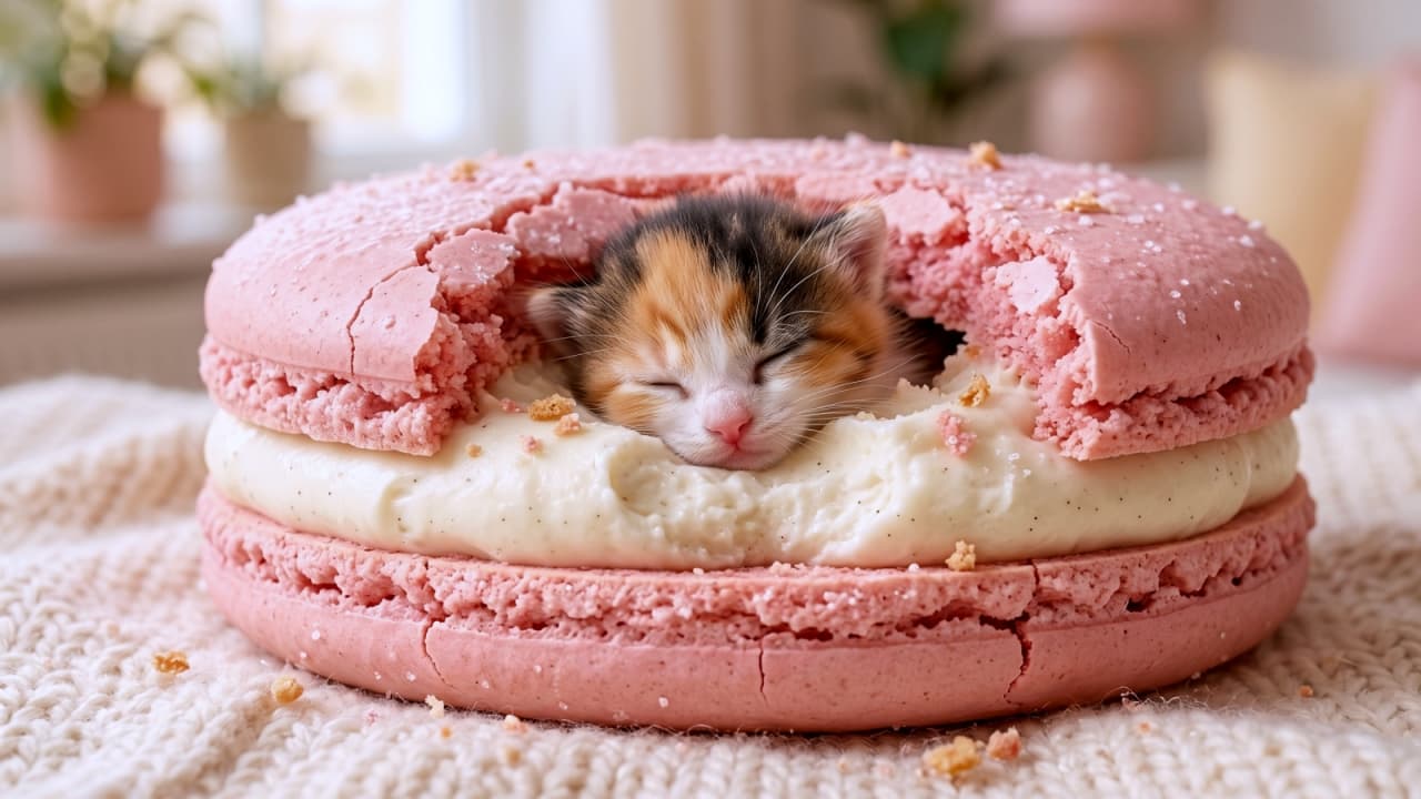 "Sweet dreams are made of macarons! 🌸💤 Tucked in and ready for a sugary nap. ✨" Ultra-realistic high-quality photograph of a tiny calico kitten peacefully sleeping inside a giant, partially broken pink macaron. The kitten is nestled in the creamy white filling. The lighting is soft and dreamy, with a pastel-colored background.