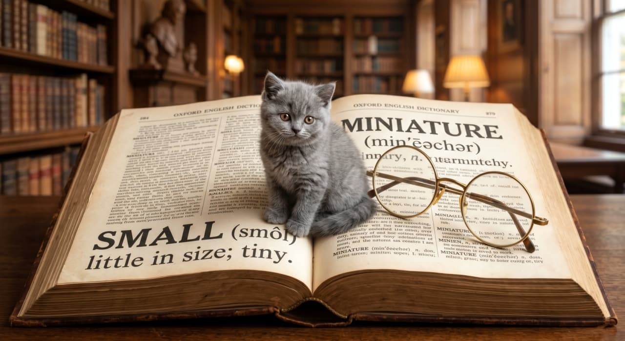 "Today’s lesson: Defining the word "Miniature"! 📚🐾 This little scholar knows exactly what’s up. ✨" Ultra-realistic high-quality photograph of a tiny grey kitten sitting calmly on a giant open Oxford English Dictionary. The pages clearly show the words "SMALL" and "MINIATURE" in large bold text. A pair of oversized round glasses rests on the page.